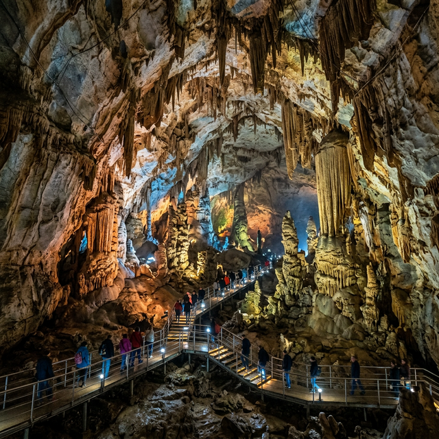 Новоафонская пещера — гигантский зал со сталактитами и пешеходной дорожкой