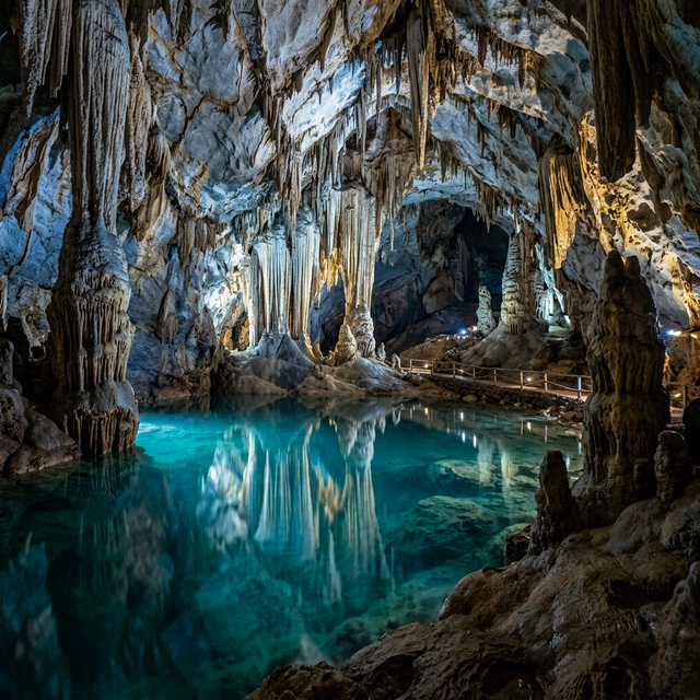 Подземное озеро Новоафонской пещеры — кристально чистая бирюзовая вода и сталактиты