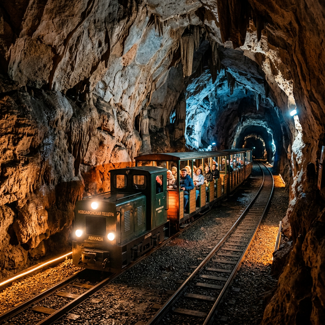 Подземный поезд Новоафонской пещеры везёт туристов через освещённый тоннель в скале