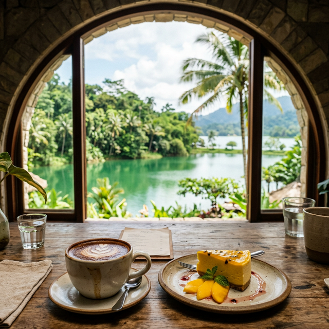 Чашечка кофе на столике кафе Псырцха на фоне изумрудного озера