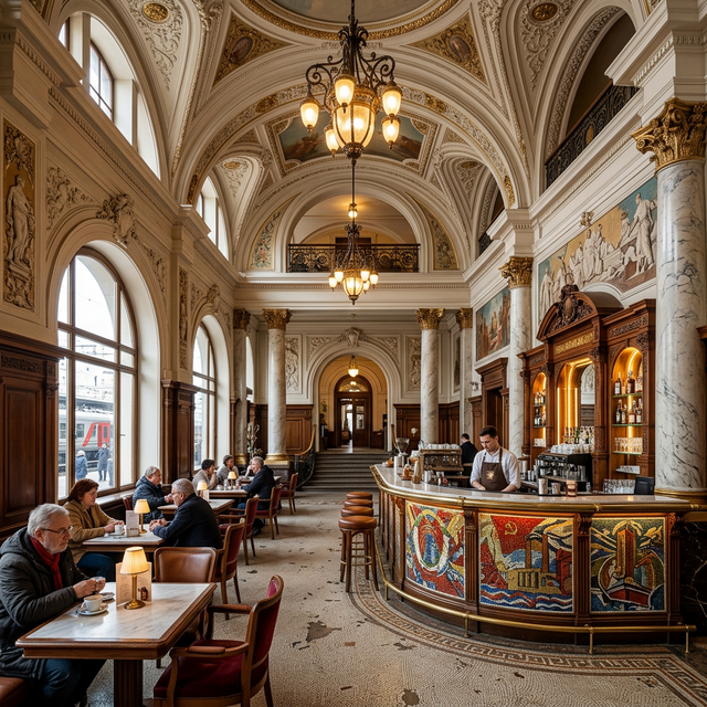 Интерьер ресторана Псырцха со стилем сталинского ампира и красивой стойкой