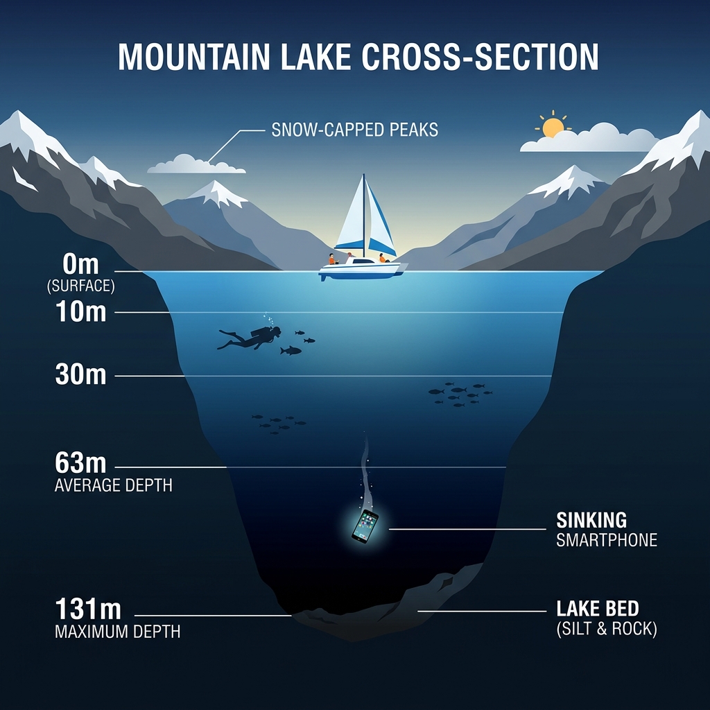 Схема глубины озера Рица — до 131 метра