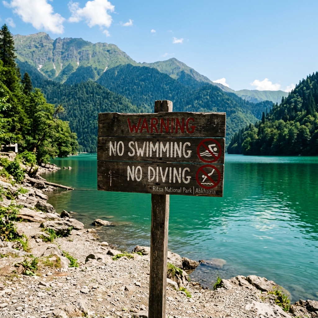 Табличка на озере Рица: купание и ныряние запрещено