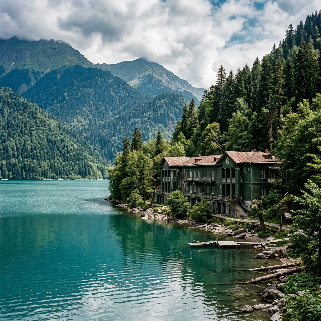 Дача Сталина на озере Рица. Зеленое здание сливается с лесом