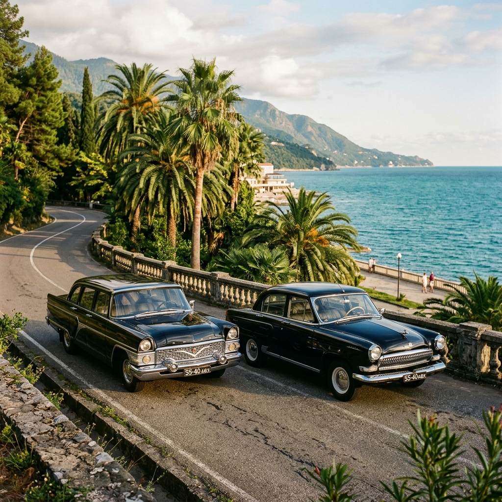 Советские автомобили 'Чайка' и 'Волга' на абхазском побережье