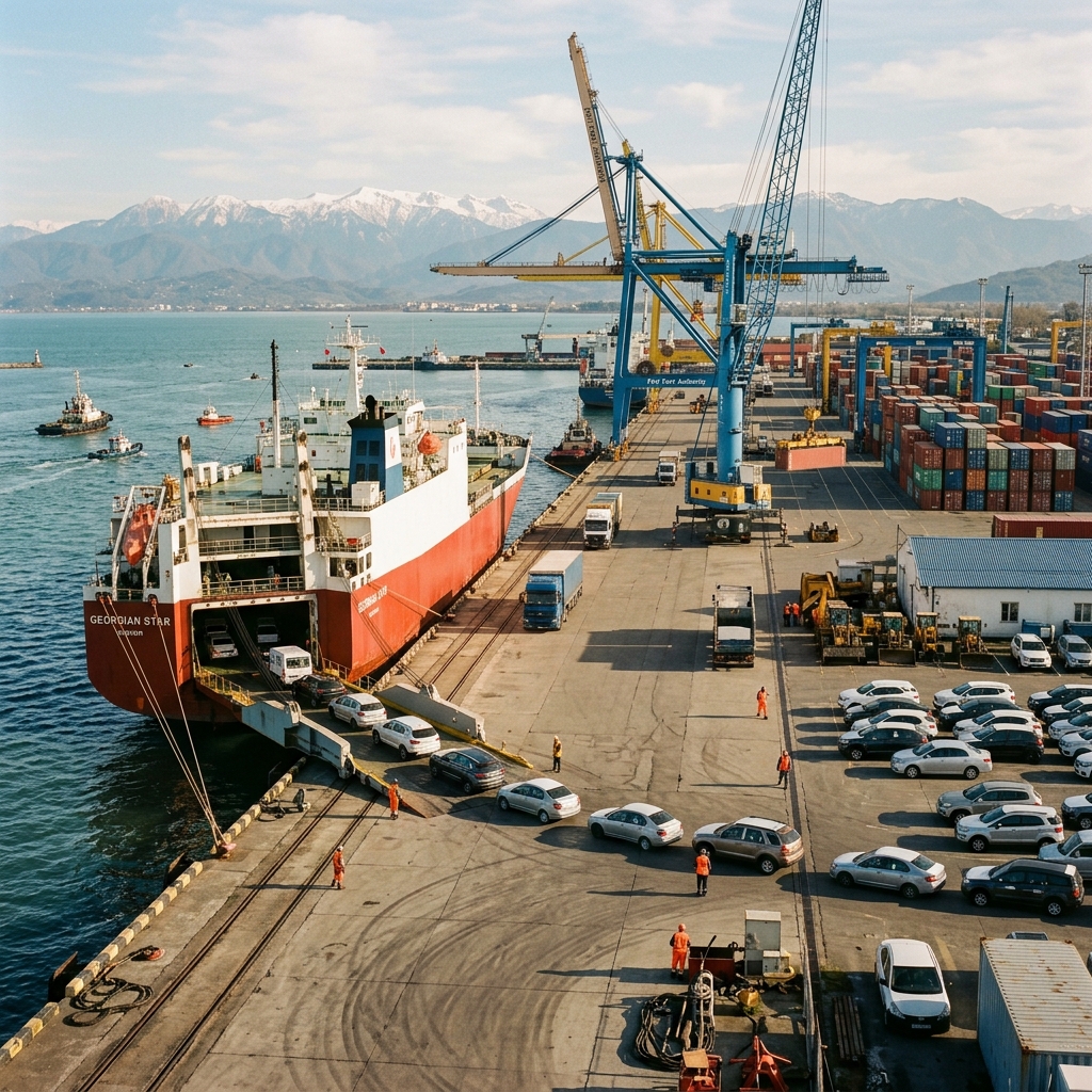 Разгрузка автомобилей в порту Поти, Грузия