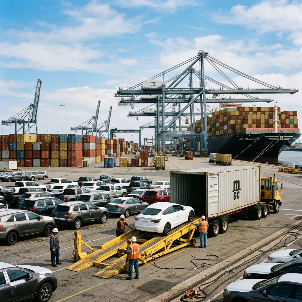 Погрузка автомобилей в контейнеры в американском порту