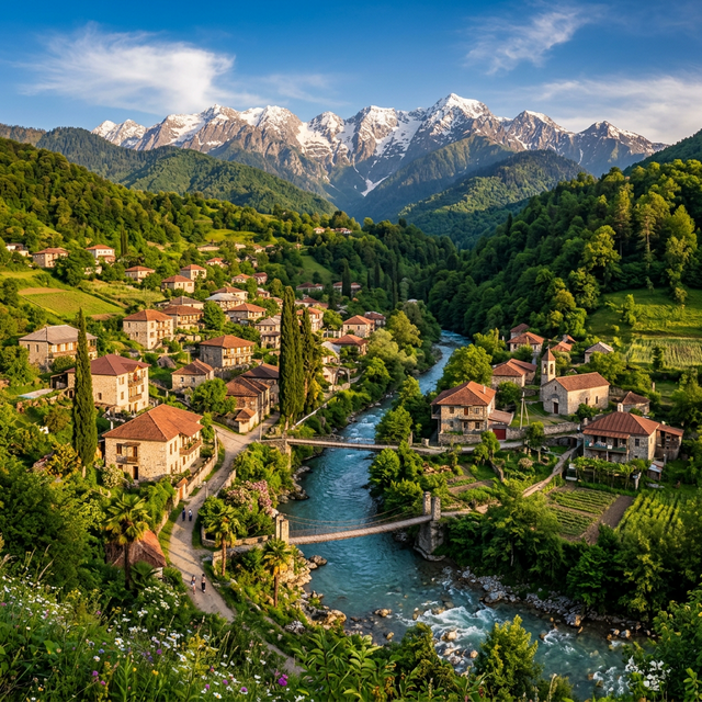 Горное село в Абхазии — уютные дома среди зелёных гор Кавказа